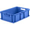 Blue plastic box with handles. Rectangular, empty.