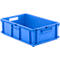 Blue plastic box with handles. Rectangular shape with raised sides and handles.