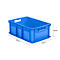 Light blue plastic crate with handles and dimensions (600 x 400 x 220 mm) against a white background.