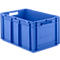 Blue plastic box with handles and vertical reinforcements on the sides.