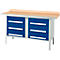 Box-type werkbank Schäfer Shop Select PWi 150-6, beuken multiplex blad, met stalen rand, tot 750 kg, B 1500 x D 700 x H 840 mm, gentiaanblauw