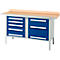 Box-type werkbank Schäfer Shop Select PWi 150-8, beuken multiplex blad, met stalen rand, tot 750 kg, B 1500 x D 700 x H 840 mm, gentiaanblauw