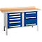 Box-type werkbank Schäfer Shop Select PWi 150-8, beuken multiplex blad, met stalen rand, tot 750 kg, B 1500 x D 700 x H 840 mm, gentiaanblauw