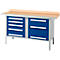 Box-type werkbank Schäfer Shop Select PWi 150-8, beuken multiplex blad, met stalen rand, tot 750 kg, B 1500 x D 700 x H 840 mm, gentiaanblauw