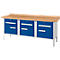 Workbench with blue drawers and light wooden top.