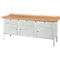 Workbench with wooden top, gray drawers and legs.
