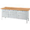 Workbench with wooden top, gray drawers and legs.