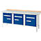Workbench with blue drawers, light table and wooden top. Ideal for workshops or hobby rooms.