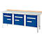Blue workbench with wood worktop and three drawers. White handles and metal legs.