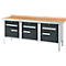 Workbench with wooden top, drawers and metal frame.