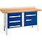 Workbench with blue drawers and wooden top. The underbody is white.