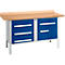 Workbench, blue with wooden top and white handles.