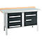 Workbench with drawers and cabinet, light worktop, gray frame.