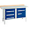 Workbench with blue drawers and gray work surface.