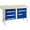 Workbench with blue drawers and doors, wooden top and gray metal construction.