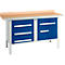 Workbench with blue drawers and a wooden top.