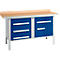 Workbench with blue drawers and cabinet, light wood top, metal frame.