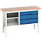 Box werkbank Bott verso, multiplexplaat, 3 laden &amp; 1 legplank, B 1500 x D 600 x H 830 - 930 mm, RAL 7035 lichtgrijs / gentiaanblauw