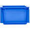Blue plastic box, front view. Rectangular container with vertical reinforcements and horizontal edges.