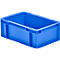 Blue plastic crate with handle openings, photographed from above.