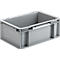Grey plastic box, rectangular with recessed handles.