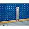 Metal bracket on blue tool wall. Wooden strip below, metal bracket above.