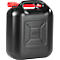 Zwarte jerrycan met rode tuit en handvat. Er zijn reliëfs te zien op het oppervlak.