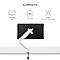 Bras de moniteur blanc tenant un moniteur noir. Au-dessus se trouvent les spécifications pour les supports.