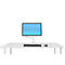 Bureau avec moniteur sur support, clavier et souris.
