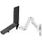 Un ordinateur portable sur un support mural blanc. Le support est flexible et permet de positionner l'ordinateur portable sous différents angles.