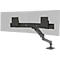 Support de moniteur noir avec deux supports et un bras articulé. Panneaux rectangulaires clairs en arrière-plan.