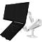 Ordinateur portable et écran noirs avec bras de moniteur blanc sur une base carrée.