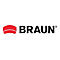Das rote Markenlogo von Braun mit dem Schriftzug Braun in schwarzen Großbuchstaben.