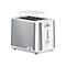 Braun Toaster in Edelstahl-Optik mit weißem Kunststoffgehäuse vor weißem Hintergrund.