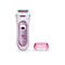 Braun Silk-épil Lady Shaver in Hellviolett mit Scherkopf und beiliegendem Trimmer-Aufsatz auf weißem Hintergrund.