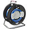 Black hose reel with blue hose on silver frame. Handle with red and white pattern.