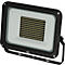 Zwarte LED-schijnwerper, hoekig. In het midden zwart veld met veel kleine gele LED's, omgeven door een lichtgrijs frame. Beugel op de behuizing.