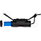 Close-up van een zwarte koplamp met de blauwe batterij die wordt verwijderd. Zwarte hoofdband.