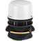 Une lampe de chantier LED portable, abat-jour blanc, corps noir et orange, câble d'alimentation. Inscription : "Professional LED".