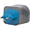 Grijze reisadapter met blauw stekkerdeel; drie contactpinnen, opdrukken.