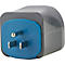 Een grijze adapter met een blauw inzetstuk. Er staat "USA" en "15A/125V" op.