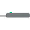 Grauer Adapter mit grünem Knopf. Ein Kabel ist angeschlossen.
