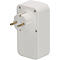Witte adapter met EU-stekker, detailweergave. De stekker is rechthoekig en heeft drie gaten.