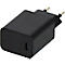 Schwarzes USB-C-Ladegerät mit Eurostecker. Der Stecker hat abgerundete Ecken und eine USB-C-Buchse.
