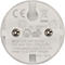 Achterkant van een witte, ronde stopcontactadapter met details zoals CE-markering, technische gegevens en schroeven.