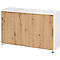 Breno schuifdeurkast, afsluitbaar, spaanplaat, gemelamineerd, B 1200 x D 400 x H 748 mm, 2 dossierhoogtes, wit/eiken