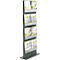 Grey magazine rack with brochures, two per compartment.