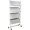 Gray magazine rack with four inclined shelves on wheels.