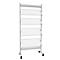 White brochure stand with four compartments, metal frame, on castors.