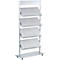 A silver brochure stand with four slanted shelves. The shelves are perforated with small holes. On castors.